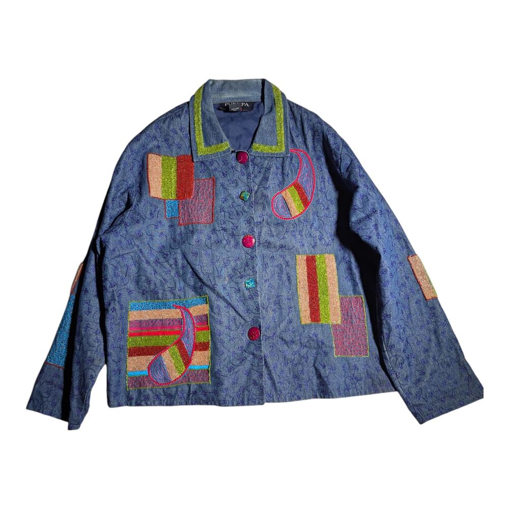 Vtg 1990s Pushpa Blue Cotton Denim Paisley Embroidered Beaded Button Up Jacket L